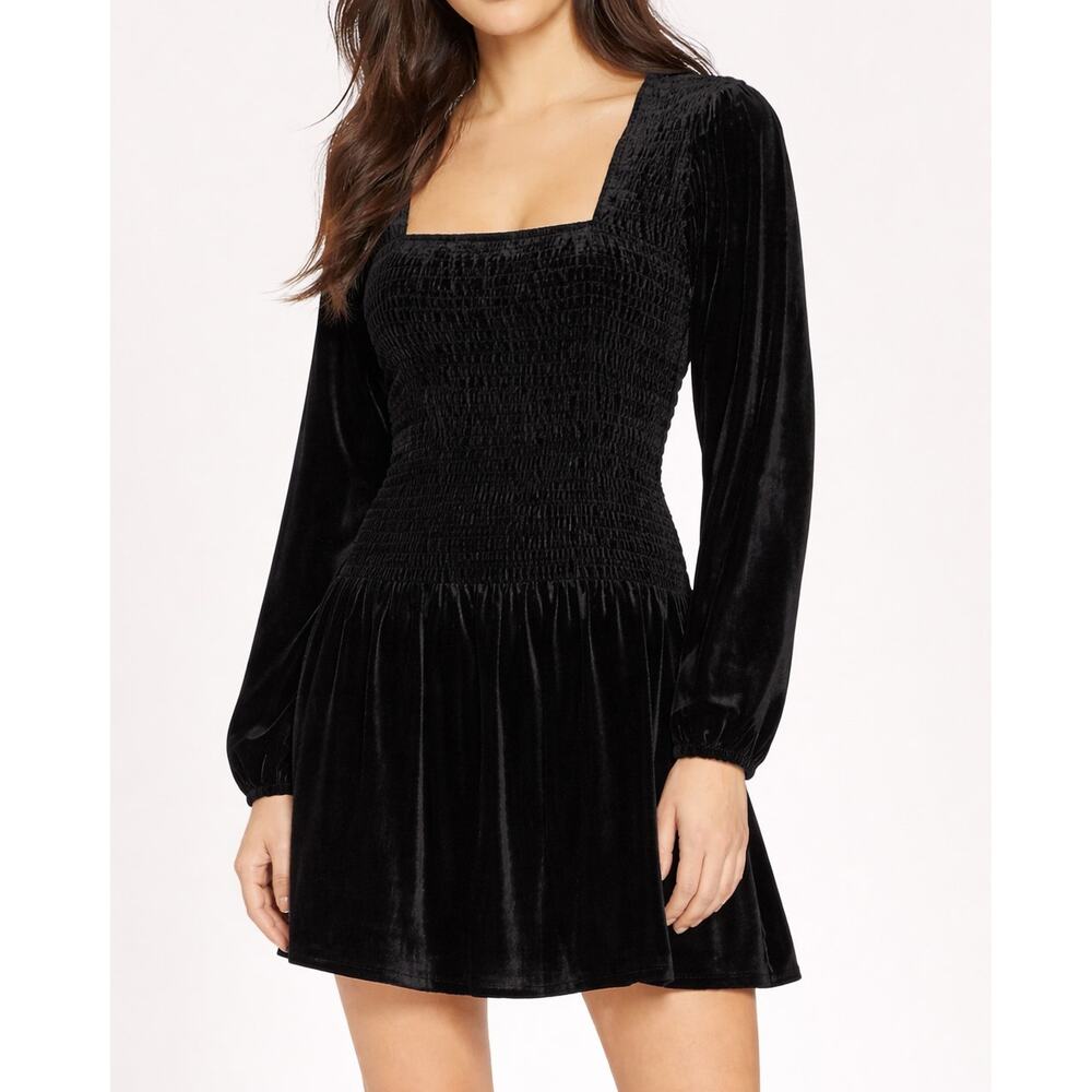 Parker Tiara Black Velvet Smocked Mini Dress Square Neck Womens Sm